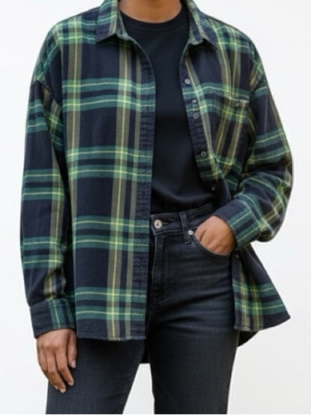 Old Navy Boyfriend Flannel Shirt Bright Green Navy Oversized Size XL